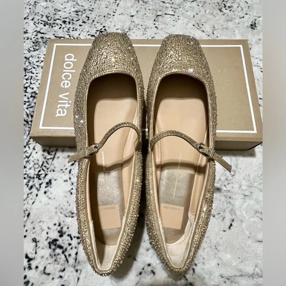 Dolce Vita Reyes Crystal Ballet Flats - Gold 9.5 NEW